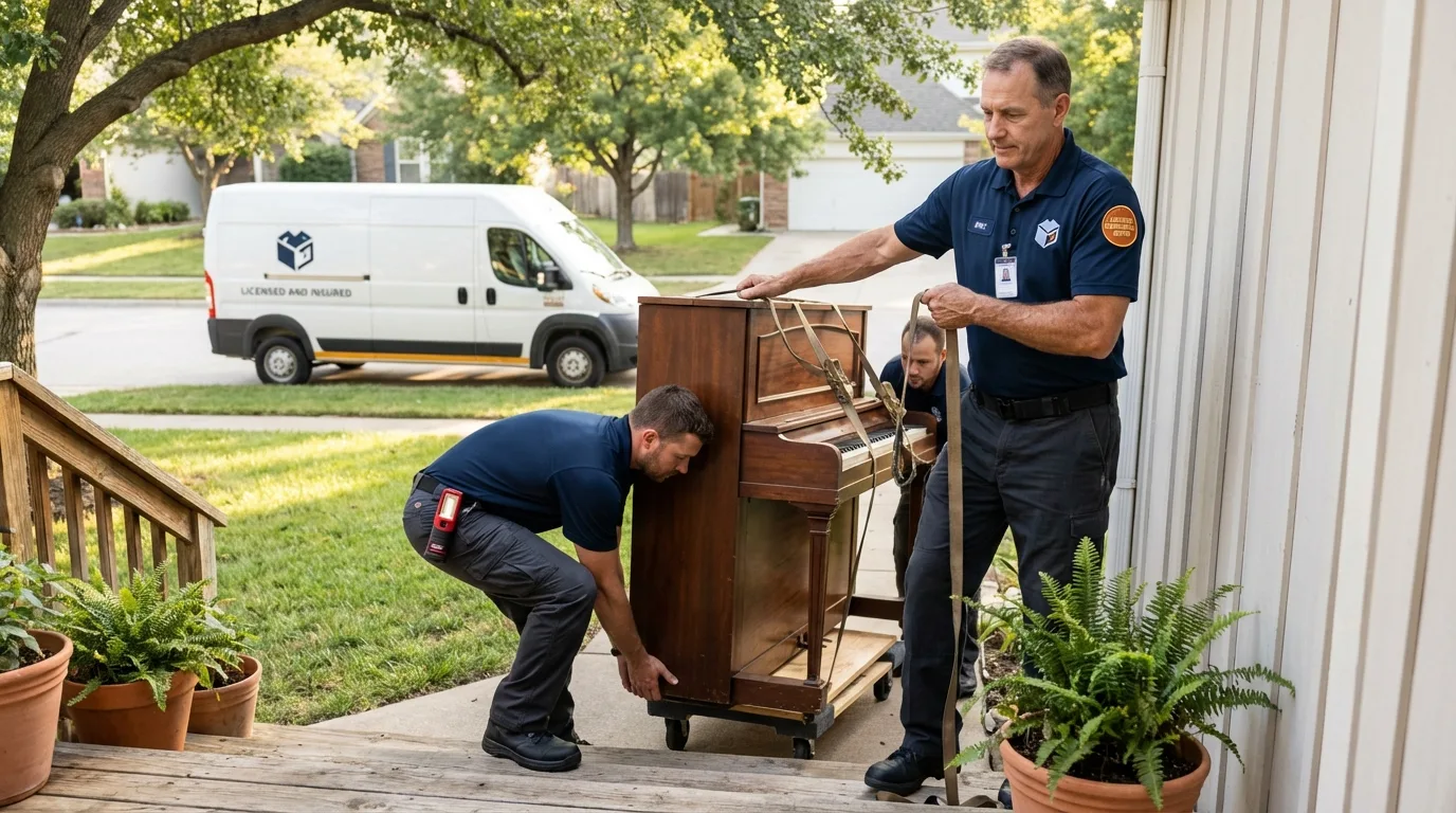 Licensed piano movers securing grand piano in Ehrenberg, AZ