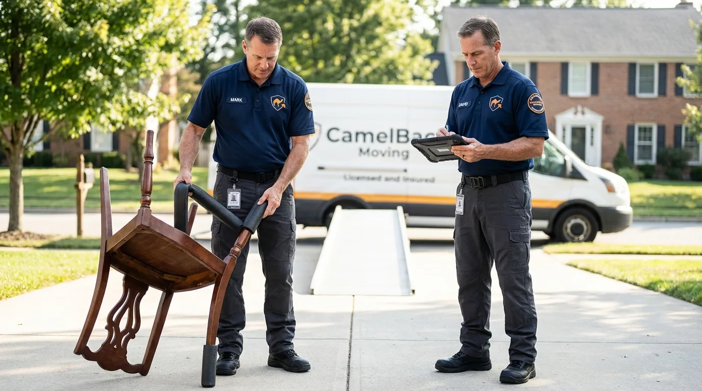 Movers inspecting furniture for damage prevention before loading in Ehrenberg, AZ