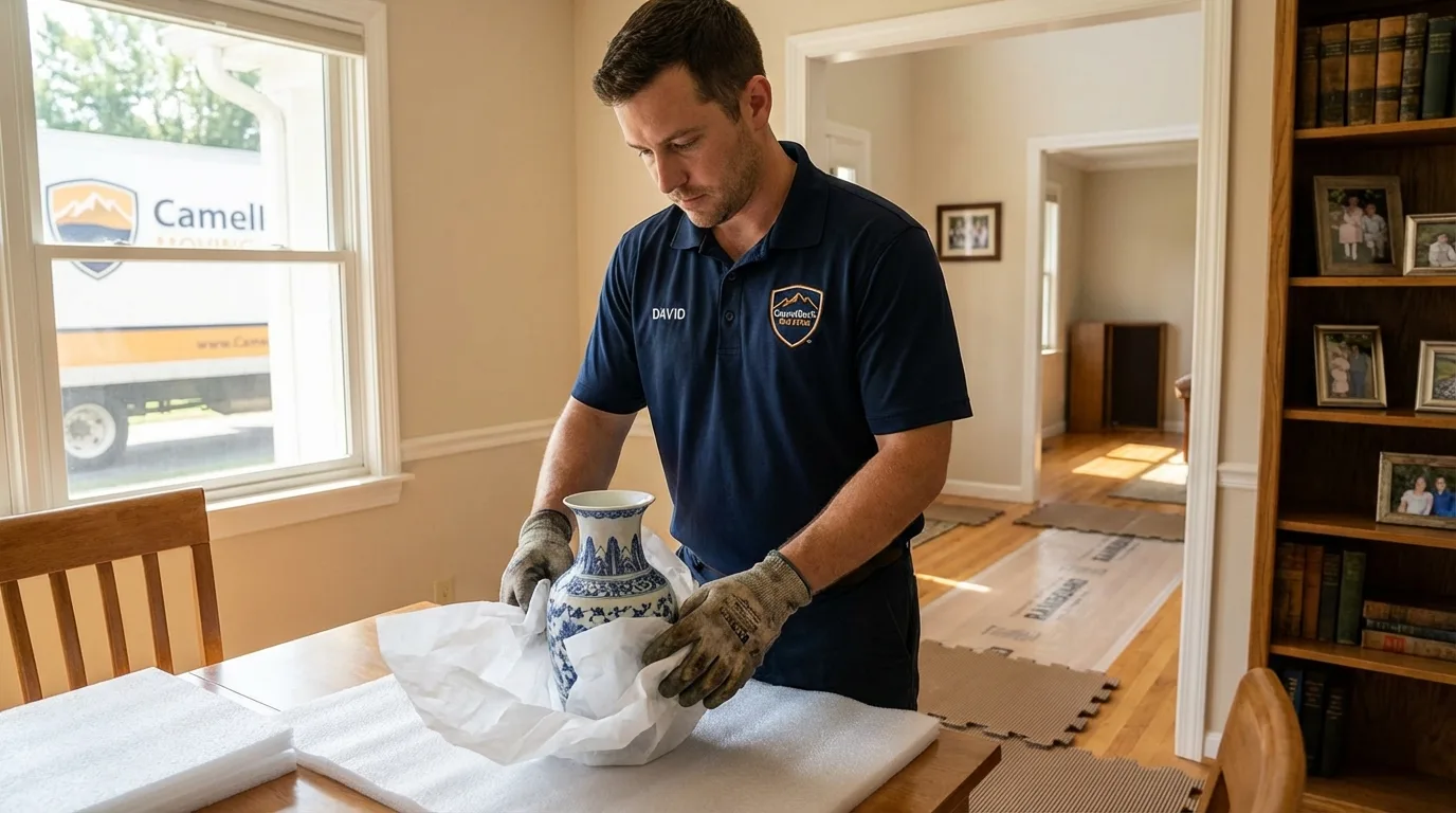 Professional crew carefully wrapping antique vase for senior downsizing move in Ehrenberg, AZ